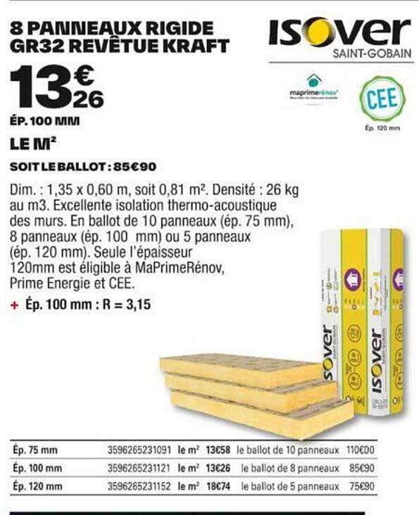 8 panneaux rigide gr32 revêtue kraft isover