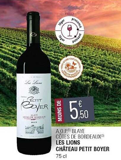 a.o.p. blaye côtes de bordeaux les lions château petit boyer