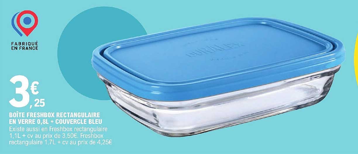 boîte freshbox rectangulaire en verre 0,8l + couvercle bleu