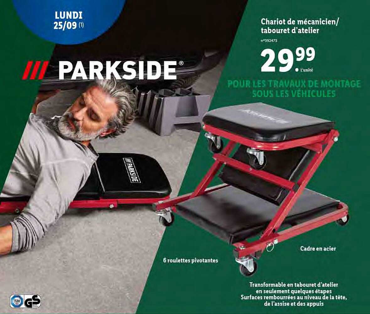 chariot de mécanicien/tabouret d'atelier parkside