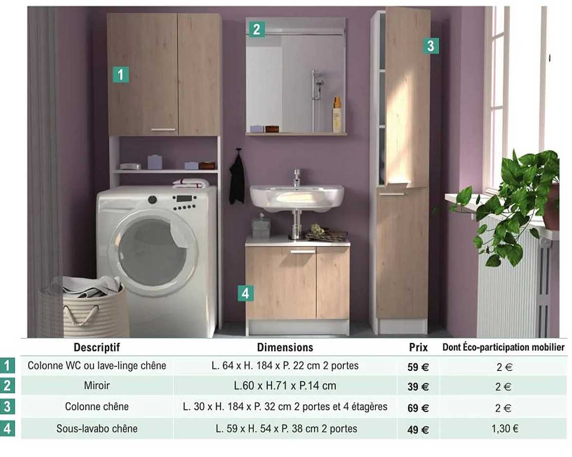 colonne wc ou lave-linge chêne, miroir, colonne chêne, sous-lavabo chêne