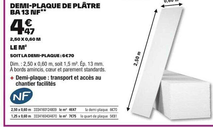 demi-plaque de plâtre ba 13 nf