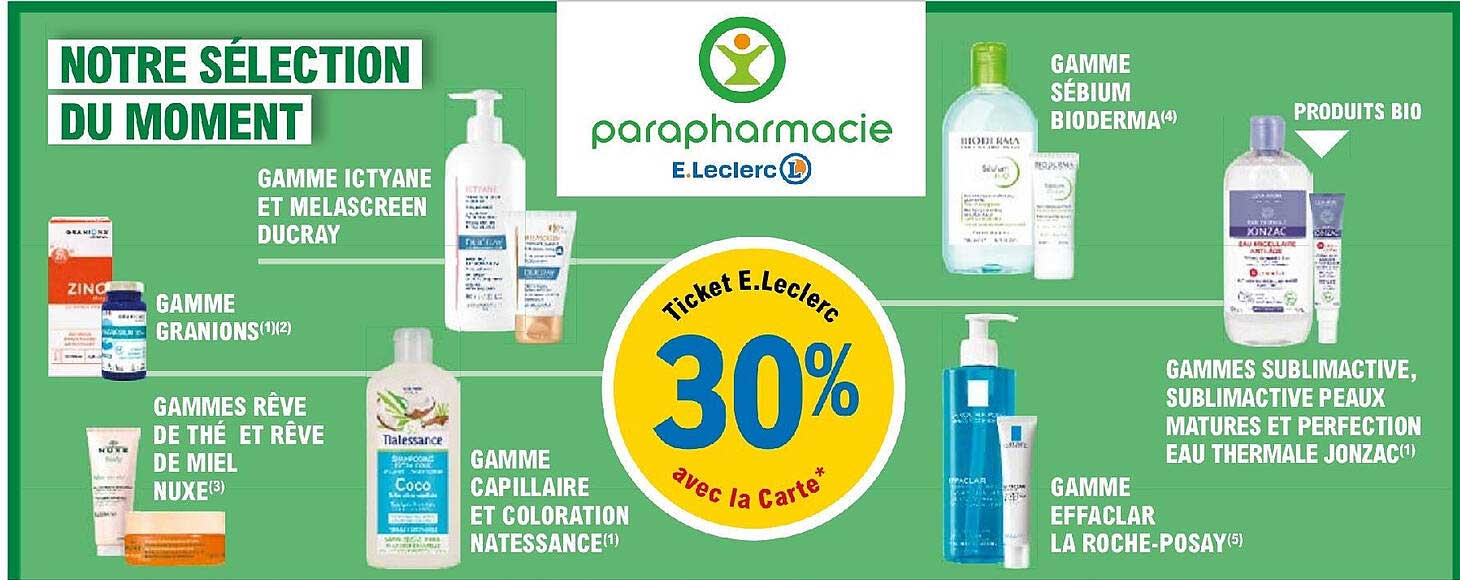 gamme granions, gamme ictyane et melascreen ducray, gamme rêve de thé et rêve de miel nuxe, gamme capillaire et coloration natessance, gamme sébium bioderma, gamme effaclar la roche-posay