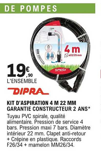 kit d'aspiration 4 m 22 mm dipra