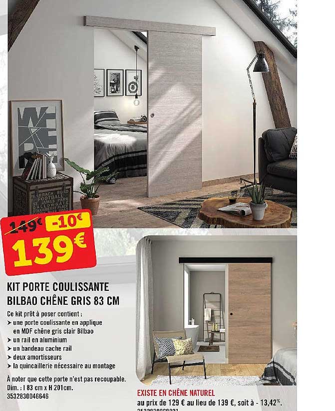 kit porte coulissante bilbao chêne gris 83 cm