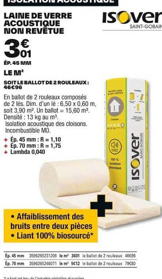 laine de verre acoustique non revêtue isover