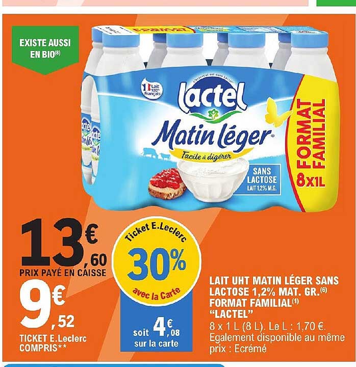 lait uht matin léger sans lactose 1,2% mat.gr. format familial "lactel"