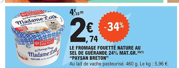 le fromage fouetté nature au seld e guérande 24% mat.gr. "paysan breton"