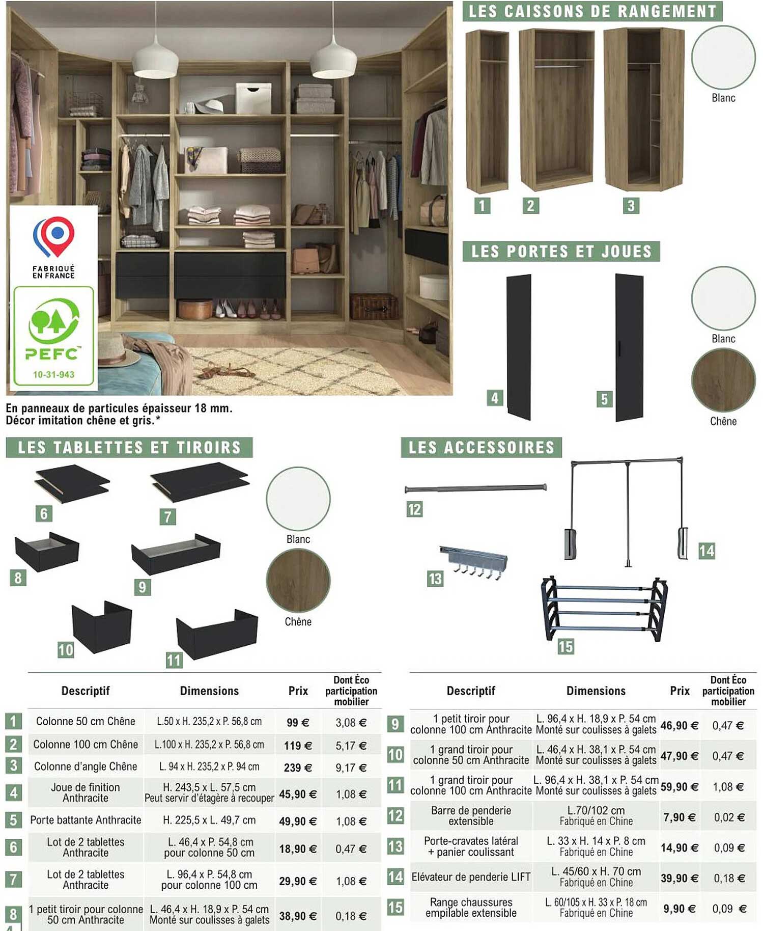 les caissons de rangement, les portes et joues, les tablettes et tiroirs, les accessoies