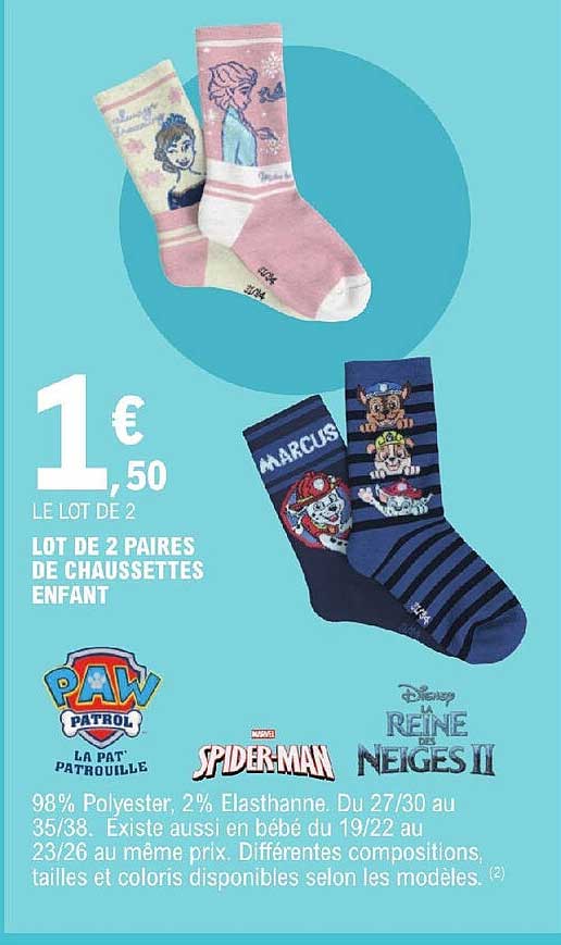lot de 2 paires de chaussettes enfant paw patrol, spider-ma, la reine des neiges II