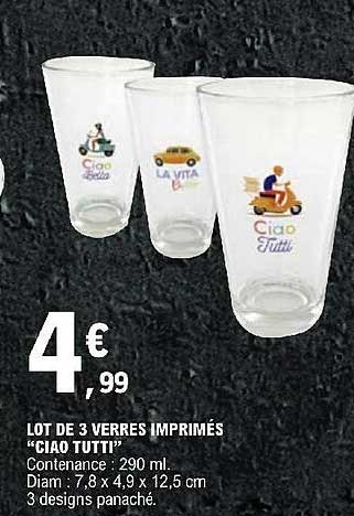 Lot De 3 Verres Imprimés "ciao Tutti"