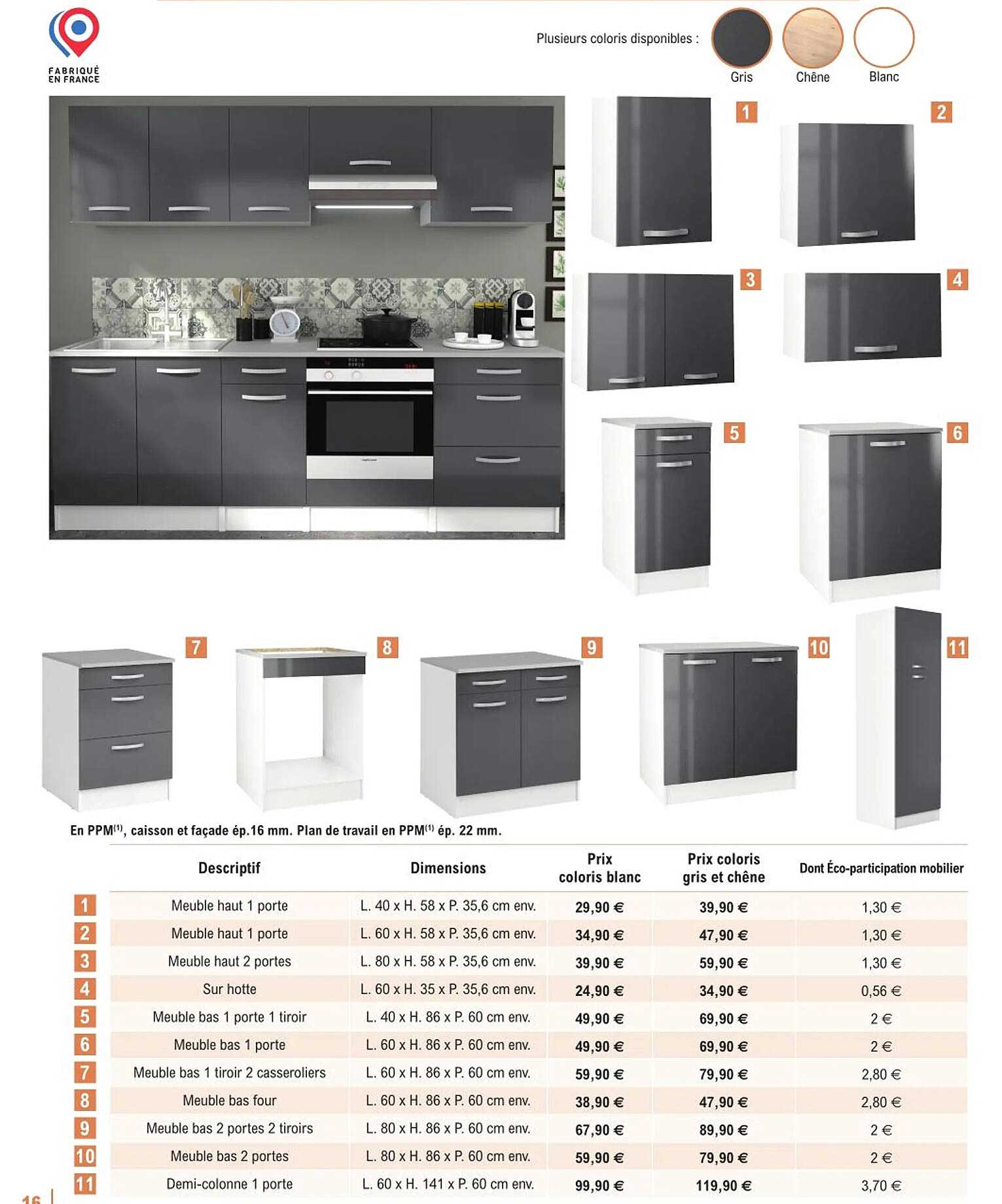 meuble haut 1 porte, meuble haut 2 portes, hotte, meuble bas 1 porte 1 tiroir, meuble bas une porte, meuble bas 1 tiroir 2 casserolliers, meuble bas four, meuble bas 2 portes 2 tiroirs