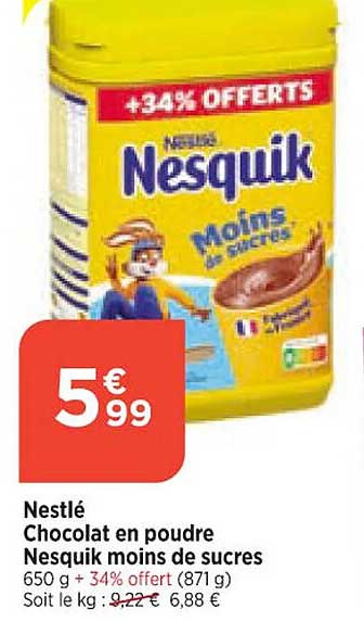 nestlé chocolat en poudre nesquik moins de sucres