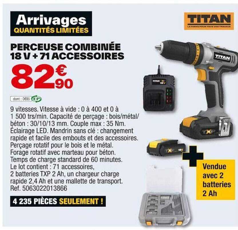 perceuse combinée 18 v + 71 accessoires titan