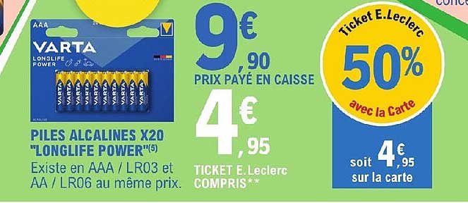 piles alcalines x 20 "longlife power"