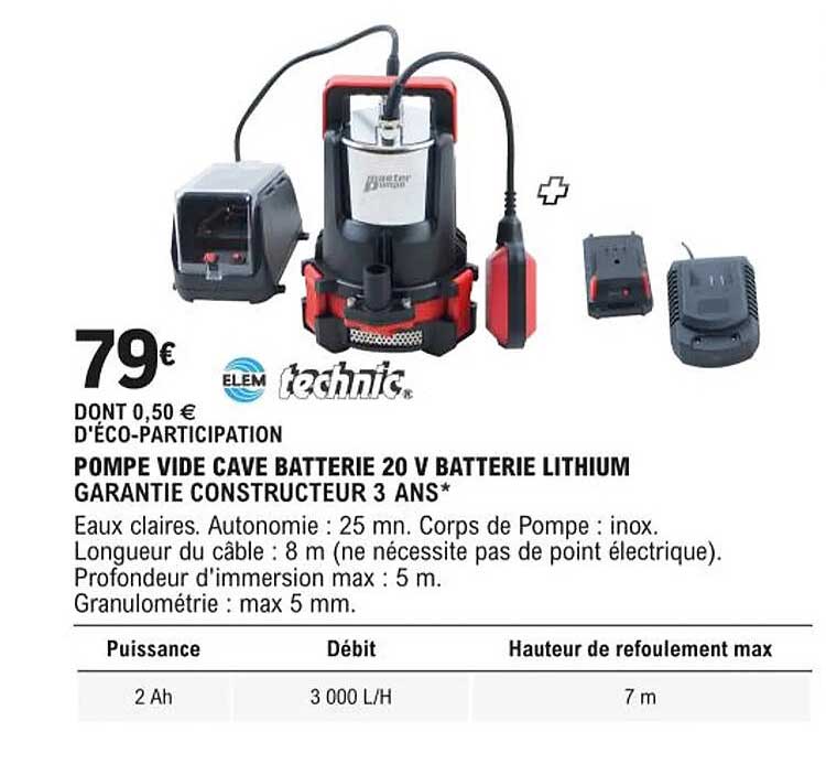 pompe vide cave batterie 20 v batterie lithium elem technic