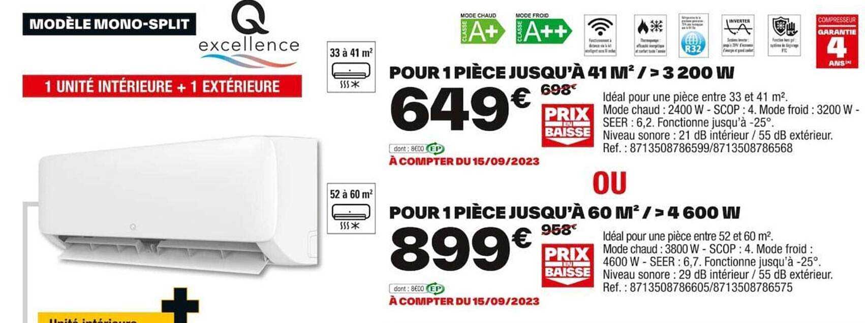 q excellence pour 1 pièce jusqu'à 41 m² / >3200 w ou pour 1 pièce jusqu'à 60 m² / > 4600 w