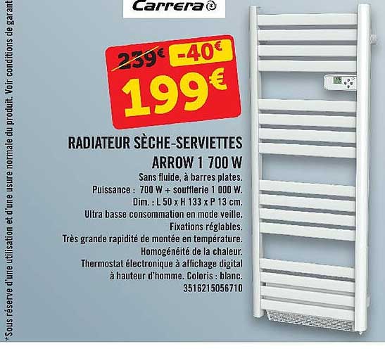 radiateur sèche-serviettes arrow 1700w carrera