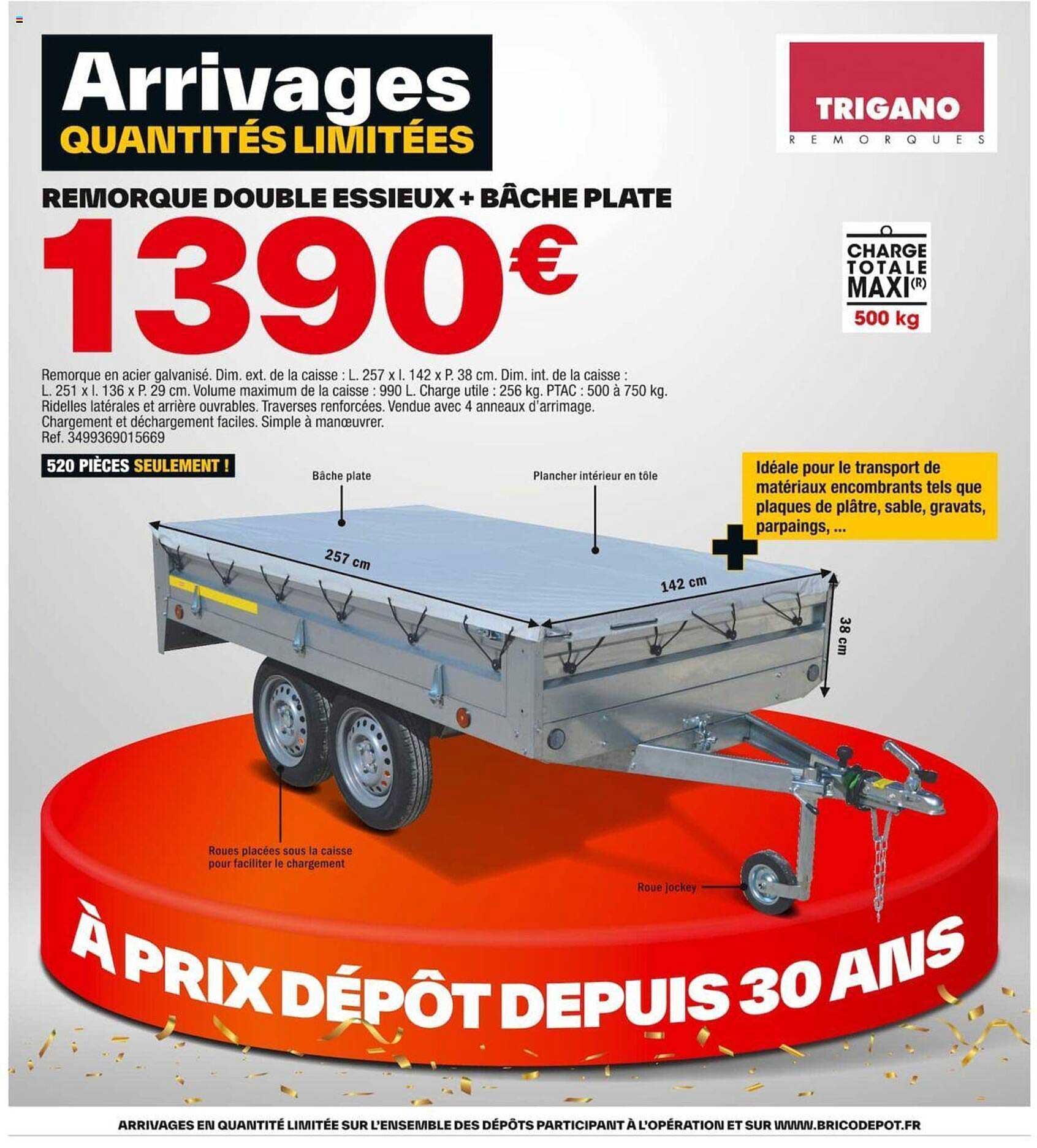 remorque double essieux + bâche plate