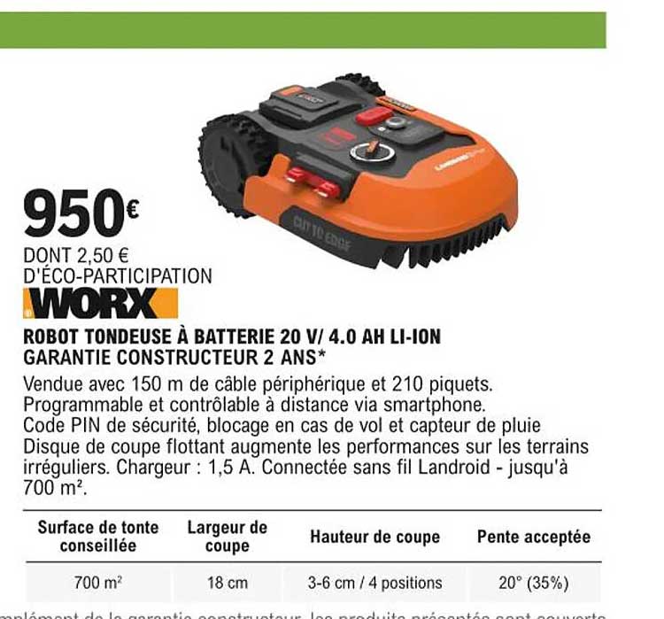 robot tondeuse à batterie 20 v/ 4.0 ah li-ion worx
