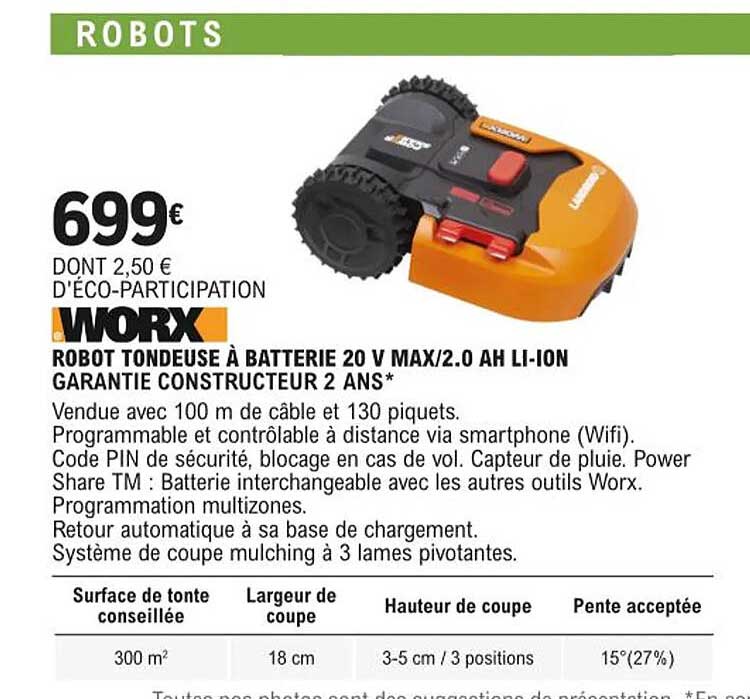 robot tondeuse à batterie 20 v max/2.0 ah li-ion worx