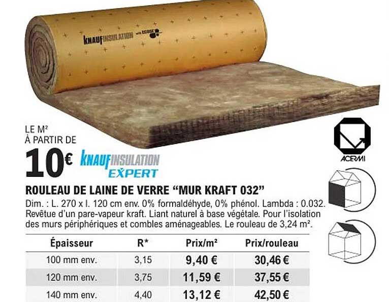 rouleau de laine de verre "mur kraft 032" knauf insulation expert