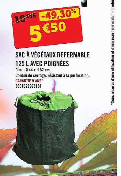 sac à végétaux refermable 125l avec poignées