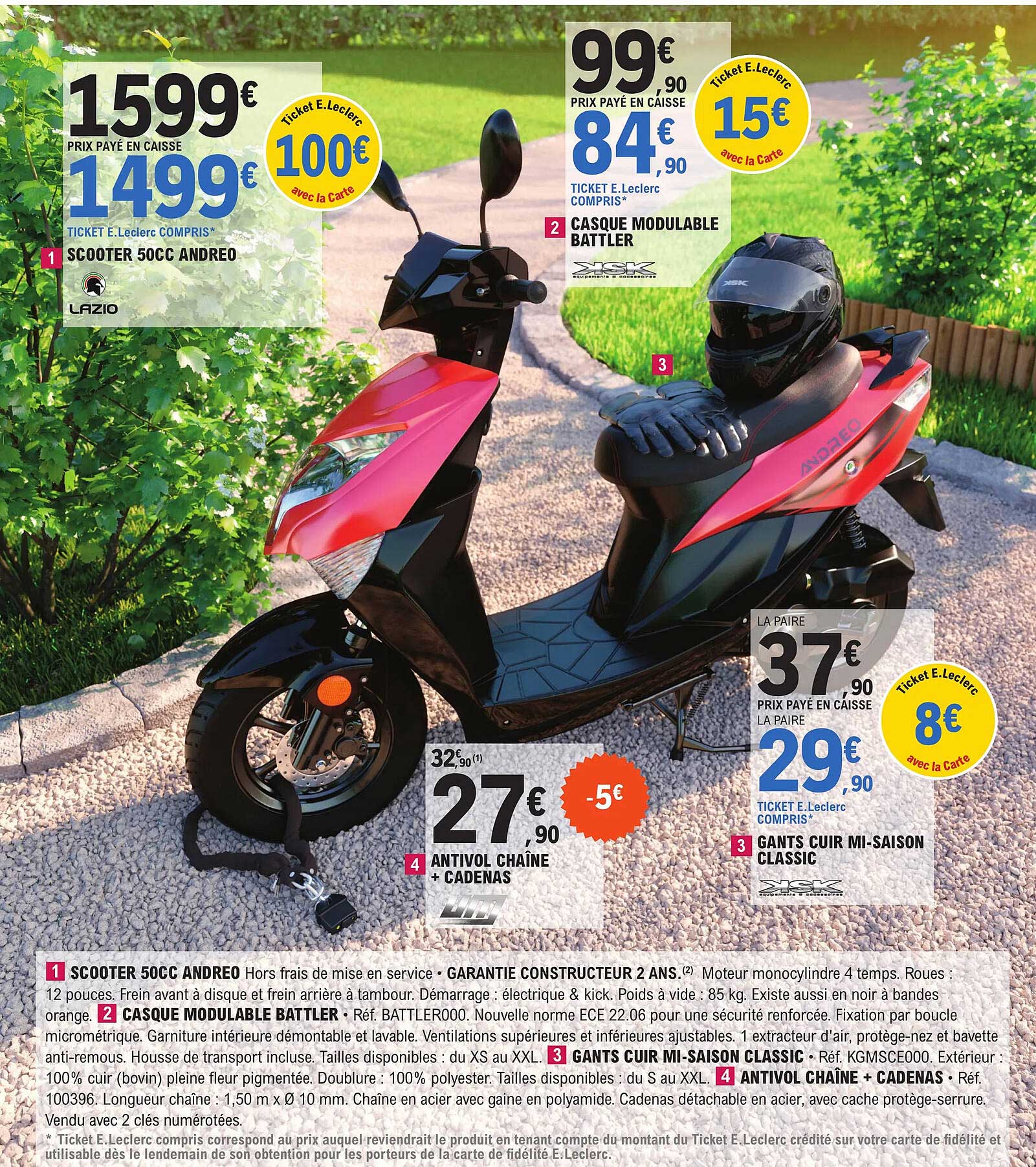 scooter 50cc andreo lazio, casque modulable battler, antivol chaîne + cadenas, gants cuir mi-saison classic