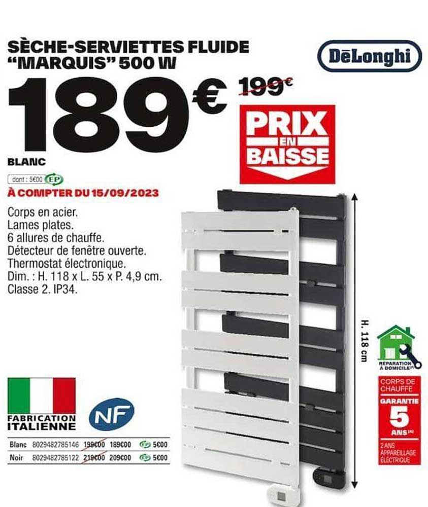 sèche-serviettes fluide "marquis" 500 w deLonghi