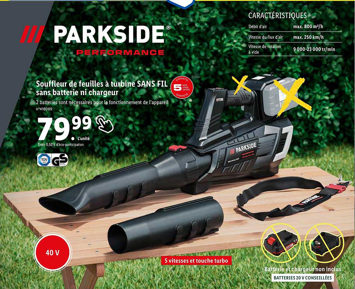 souffleur de feuilles à turbine sans fil sans batterie ni chargeur parkside