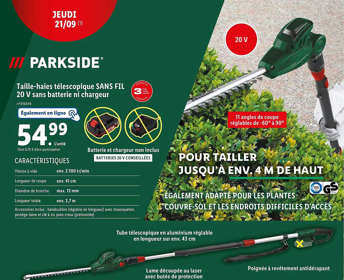 taille-haies télescopique sans fil 20v sans batterie ni chargeur parkside