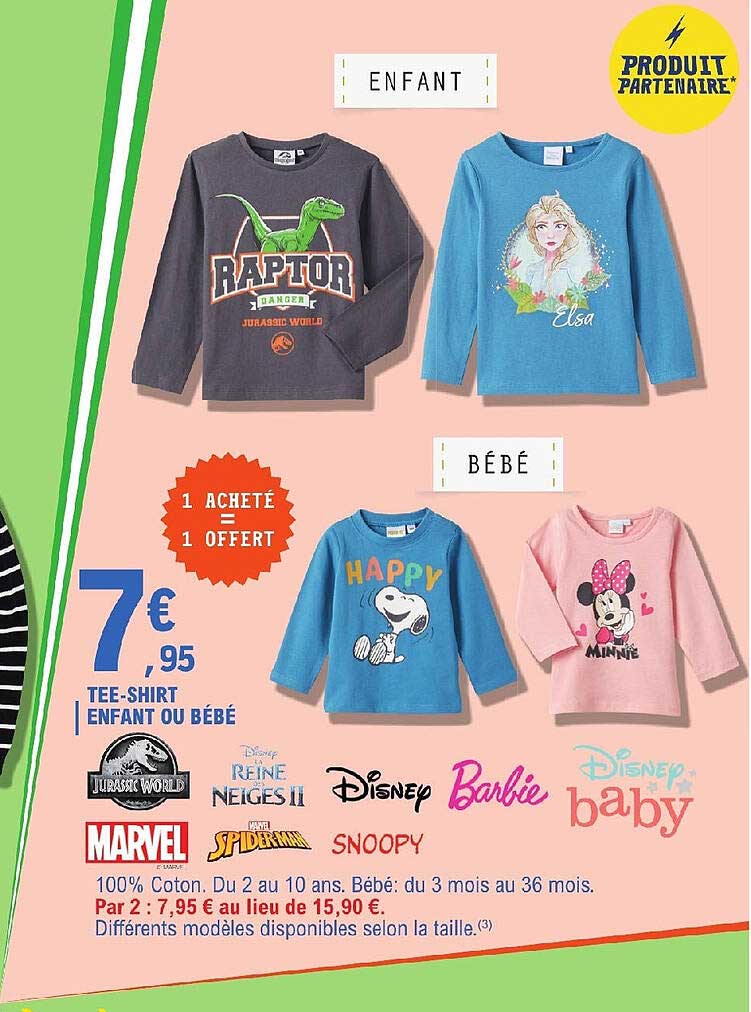 tee-shirt enfant ou bébé jurassic world, la reine des neiges II, disney, barbie, disney baby, marvel, spiderman, snoopy