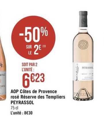 aop côtes de provence rosé réserve des templiers peyrassol -50% sur le 2e