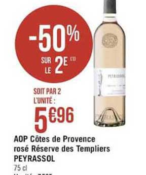 aop côtes de provence rosé réserve des templiers peyrassol -50% sur le 2e