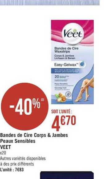bandes de cire corps & jambes peaux sensibles veet