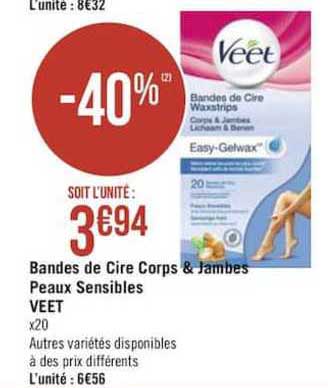 bandes de cire corps & jambes peaux sensibles veet