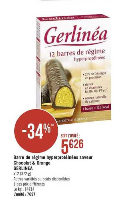 barre de régime hyper protéinées saveur chocolat & orange gerlinéa