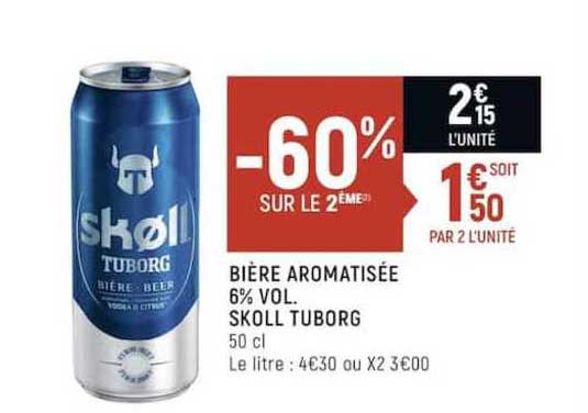 bière aromatisée 6% vol. skoll tuborg -60% sur le 2ème