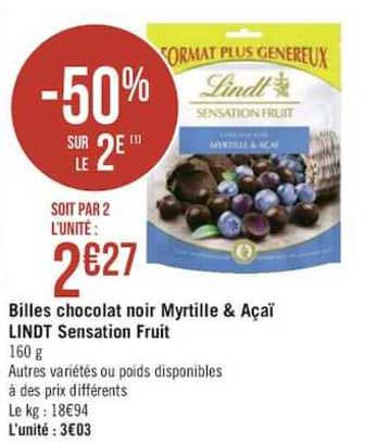 bille chocolat noir myrtille & açaï lindt sensation fruit -50% sur le 2e