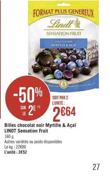 billes chocolat noir myrtille & açaï lindt sensation fruit -50% sur le 2e