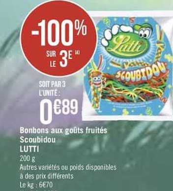 bonbons lutti aux goûts fruités scoubidou -100% sur le 3e