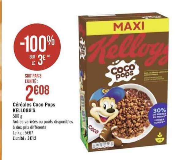 céréales coco pops kellogg's -100 sur le 3ème
