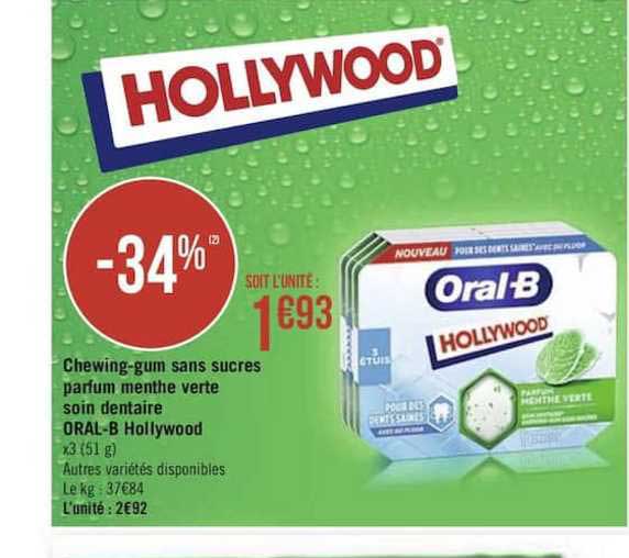 chewing gum sans sucres parfum menthe verte soin dentaire oral b hollywood