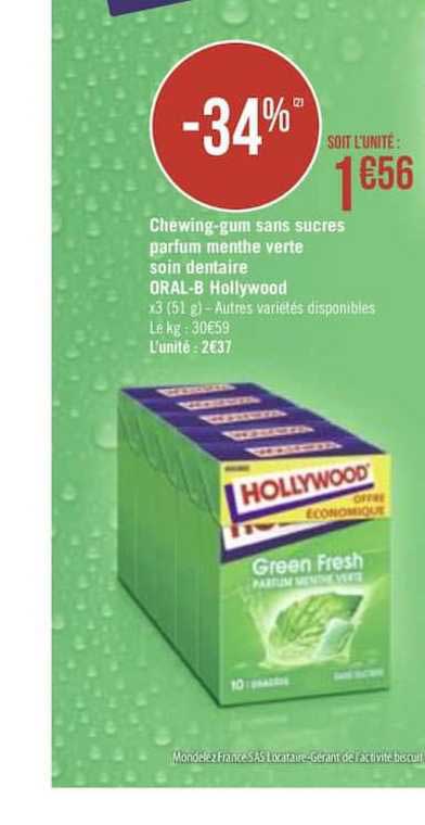 chewing gum sans sucres parfum menthe verte soin dentaire oral b hollywood