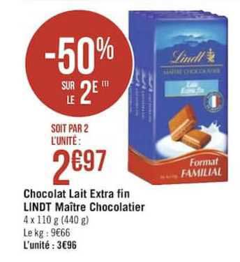 chocolat lait extra fin lindt maître chocolatier -50% sur le 2e