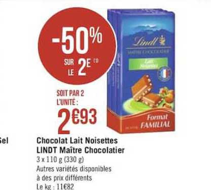 chocolat lait noisettes lindt maître chocolatier -50% sur le 2e