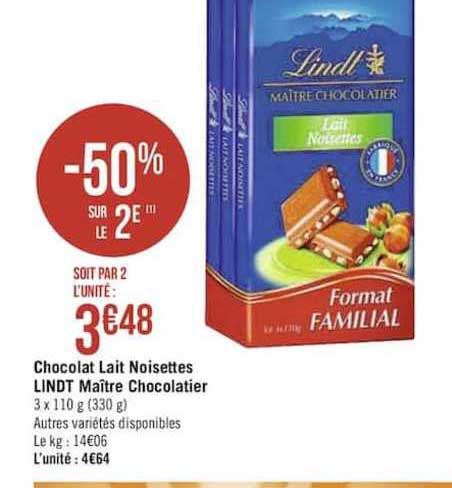 chocolat lait noisettes lindt maître chocolatier -50% sur le 2e