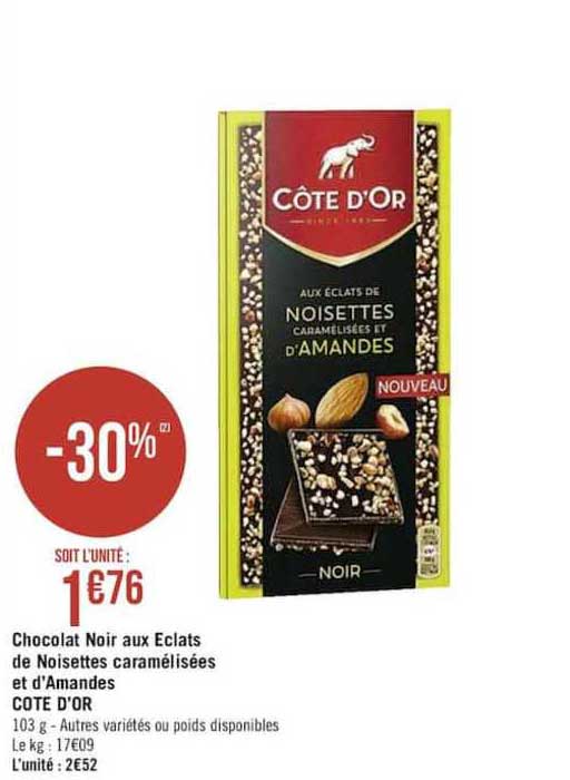 chocolat noir aux éclats de noisettes caramélisées et d'amandes côte d'or