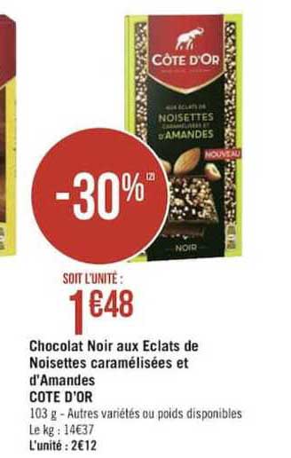 chocolat noir aux éclats de noisettes caramélisées et d'amandes côtes d'or