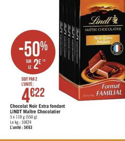chocolat noir extra fondant lindt maître chocolatier -50% sur le 2e